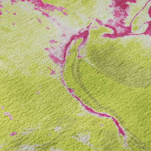 9' X 12' Lime Green Pink And Ivory Abstract Washable Area Rug With UV Protection