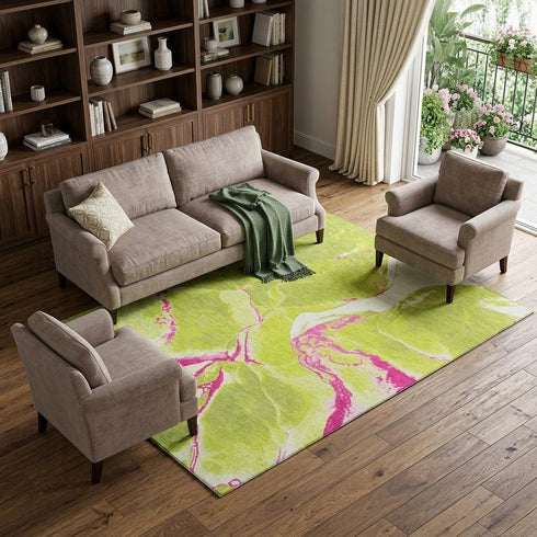 9' X 12' Lime Green Pink And Ivory Abstract Washable Area Rug With UV Protection