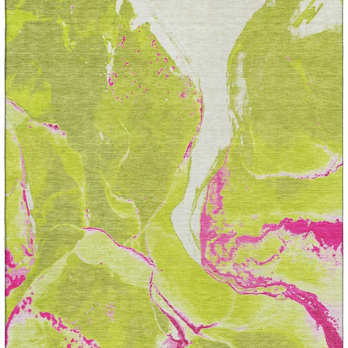 9' X 12' Lime Green Pink And Ivory Abstract Washable Area Rug With UV Protection