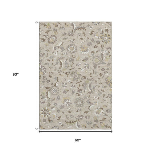5' X 8' Beige Gray And Ivory Floral Washable Area Rug With UV Protection
