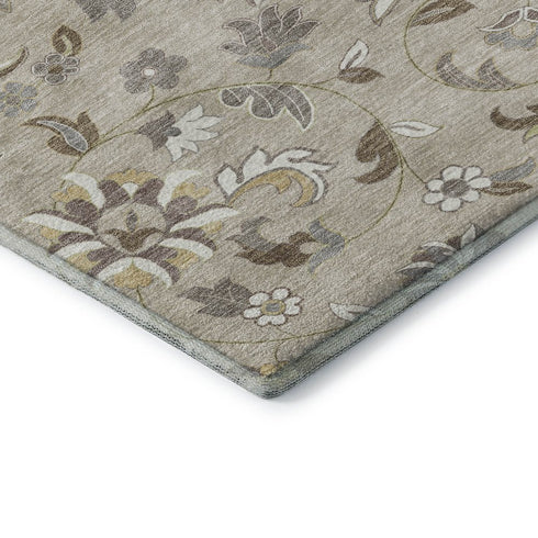 5' X 8' Beige Gray And Ivory Floral Washable Area Rug With UV Protection