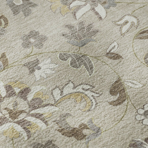 5' X 8' Beige Gray And Ivory Floral Washable Area Rug With UV Protection