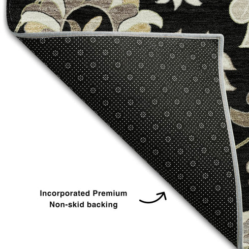 5' X 8' Black Ivory And Beige Floral Washable Area Rug With UV Protection