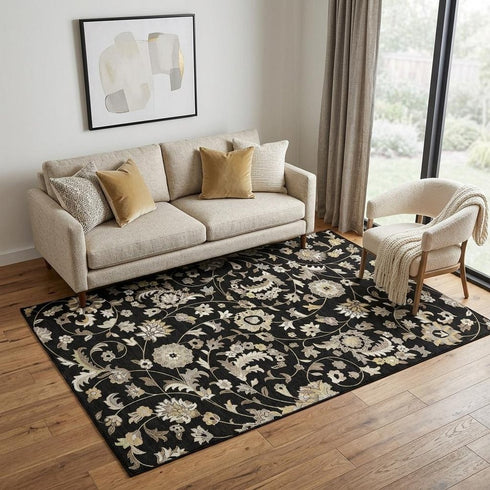 5' X 8' Black Ivory And Beige Floral Washable Area Rug With UV Protection