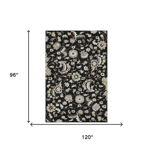 8' X 10' Black Ivory And Beige Floral Washable Area Rug With UV Protection