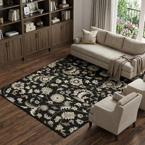 8' X 10' Black Ivory And Beige Floral Washable Area Rug With UV Protection
