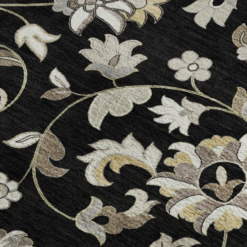 8' X 10' Black Ivory And Beige Floral Washable Area Rug With UV Protection