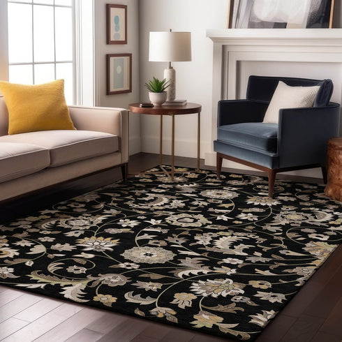 9' X 12' Black Ivory And Beige Floral Washable Area Rug With UV Protection