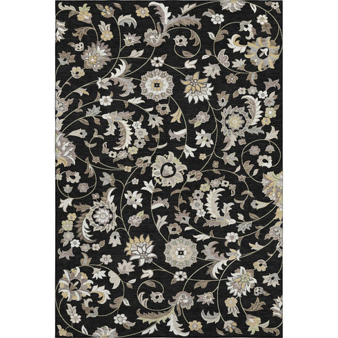 9' X 12' Black Ivory And Beige Floral Washable Area Rug With UV Protection