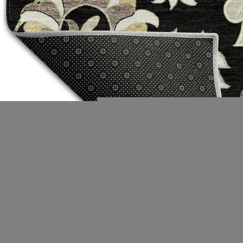 9' X 12' Black Ivory And Beige Floral Washable Area Rug With UV Protection