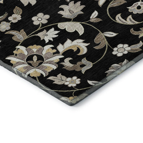 9' X 12' Black Ivory And Beige Floral Washable Area Rug With UV Protection