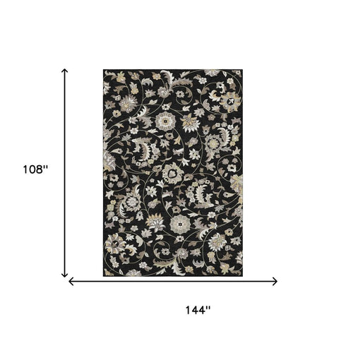 9' X 12' Black Ivory And Beige Floral Washable Area Rug With UV Protection