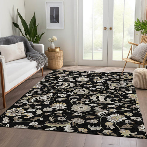 9' X 12' Black Ivory And Beige Floral Washable Area Rug With UV Protection