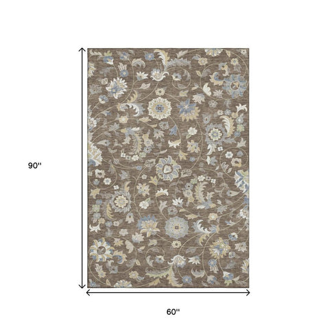 5' X 8' Chocolate Blue And Beige Floral Washable Area Rug With UV Protection