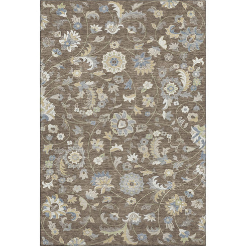 5' X 8' Chocolate Blue And Beige Floral Washable Area Rug With UV Protection