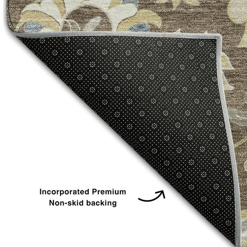 5' X 8' Chocolate Blue And Beige Floral Washable Area Rug With UV Protection