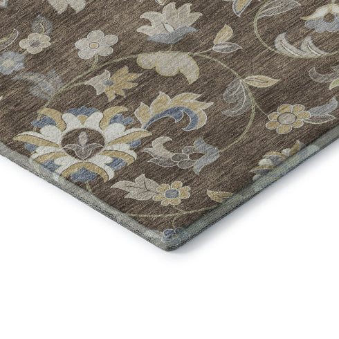 5' X 8' Chocolate Blue And Beige Floral Washable Area Rug With UV Protection