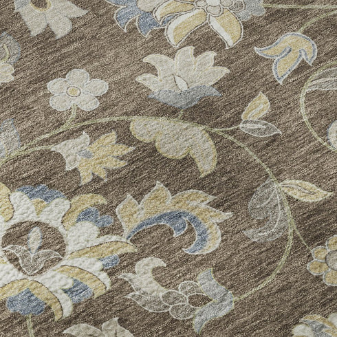 5' X 8' Chocolate Blue And Beige Floral Washable Area Rug With UV Protection