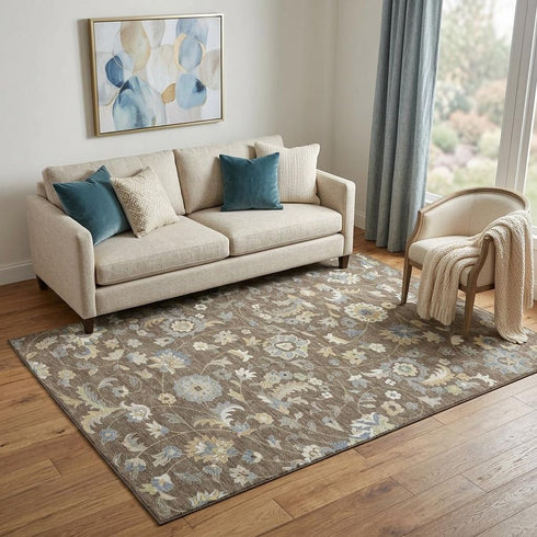 5' X 8' Chocolate Blue And Beige Floral Washable Area Rug With UV Protection