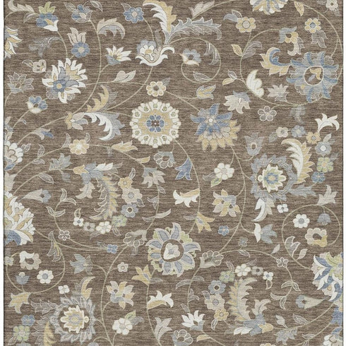 5' X 8' Chocolate Blue And Beige Floral Washable Area Rug With UV Protection