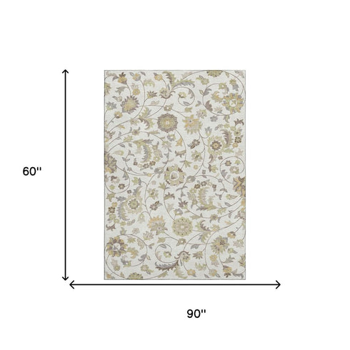 5' X 8' Ivory Copper And Gray Floral Washable Area Rug With UV Protection