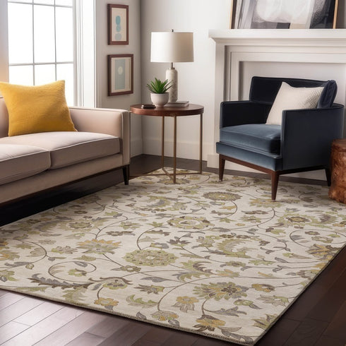 8' X 10' Ivory Copper And Gray Floral Washable Area Rug With UV Protection