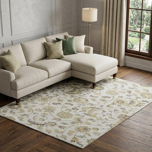 8' X 10' Ivory Copper And Gray Floral Washable Area Rug With UV Protection