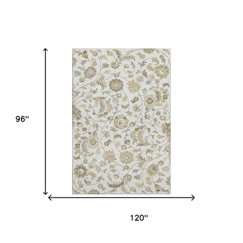8' X 10' Ivory Copper And Gray Floral Washable Area Rug With UV Protection