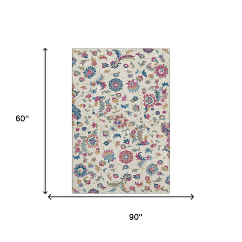 5' X 8' Linen Pink And Blue Floral Washable Area Rug With UV Protection