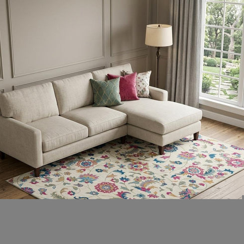 8' X 10' Linen Pink And Blue Floral Washable Area Rug With UV Protection