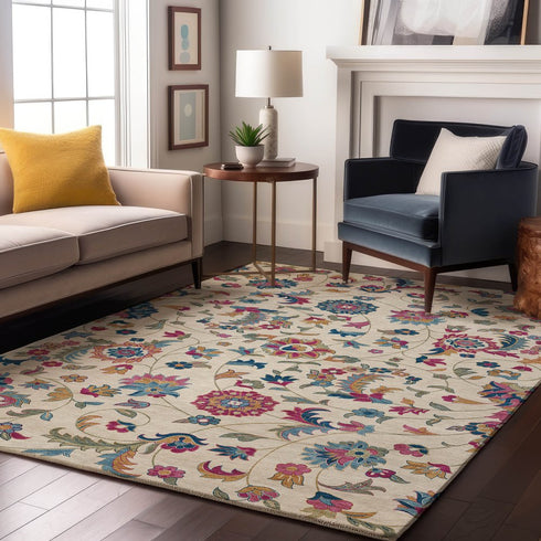 8' X 10' Linen Pink And Blue Floral Washable Area Rug With UV Protection