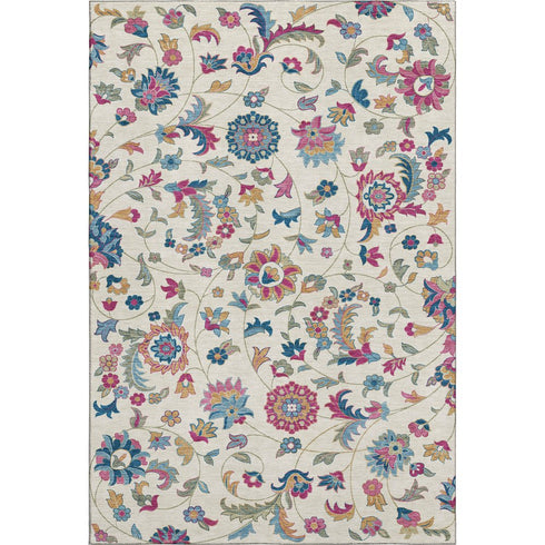 8' X 10' Linen Pink And Blue Floral Washable Area Rug With UV Protection