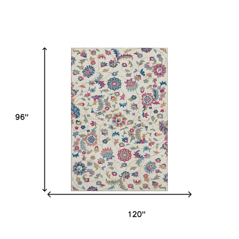 8' X 10' Linen Pink And Blue Floral Washable Area Rug With UV Protection