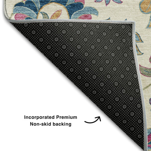 9' X 12' Linen Pink And Blue Floral Washable Area Rug With UV Protection