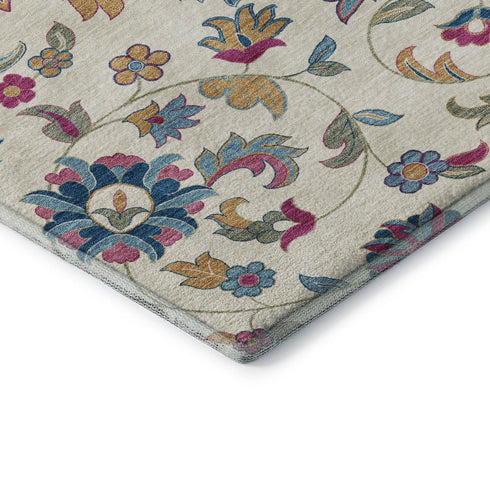9' X 12' Linen Pink And Blue Floral Washable Area Rug With UV Protection