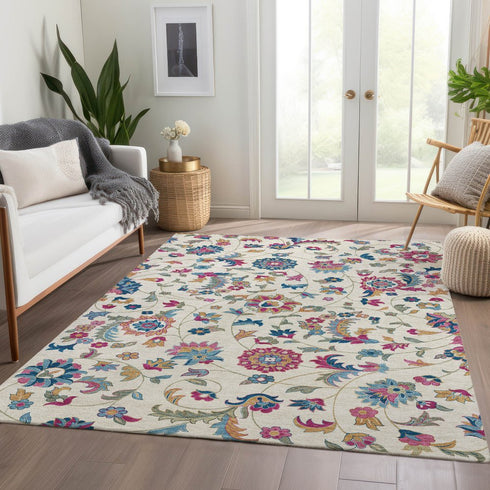 9' X 12' Linen Pink And Blue Floral Washable Area Rug With UV Protection