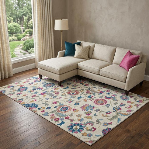 9' X 12' Linen Pink And Blue Floral Washable Area Rug With UV Protection