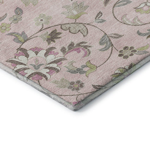 5' X 8' Pink Ivory And Gray Floral Washable Area Rug With UV Protection
