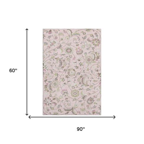 5' X 8' Pink Ivory And Gray Floral Washable Area Rug With UV Protection