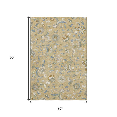 5' X 8' Wheat Blue And Beige Floral Washable Area Rug With UV Protection