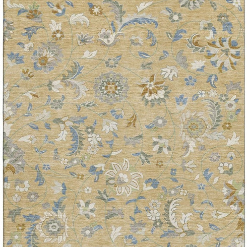 5' X 8' Wheat Blue And Beige Floral Washable Area Rug With UV Protection