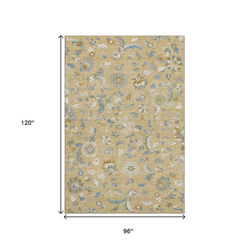 8' X 10' Wheat Blue And Beige Floral Washable Area Rug With UV Protection
