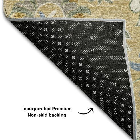 8' X 10' Wheat Blue And Beige Floral Washable Area Rug With UV Protection