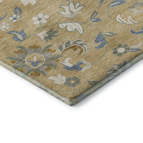 8' X 10' Wheat Blue And Beige Floral Washable Area Rug With UV Protection