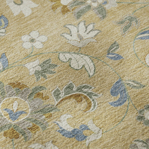 8' X 10' Wheat Blue And Beige Floral Washable Area Rug With UV Protection