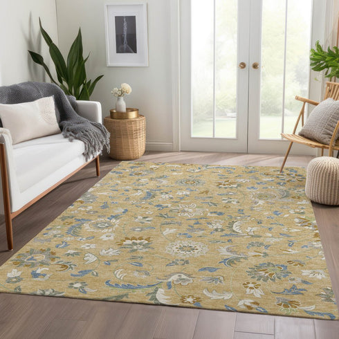 8' X 10' Wheat Blue And Beige Floral Washable Area Rug With UV Protection
