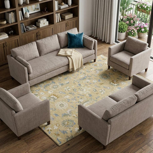 8' X 10' Wheat Blue And Beige Floral Washable Area Rug With UV Protection