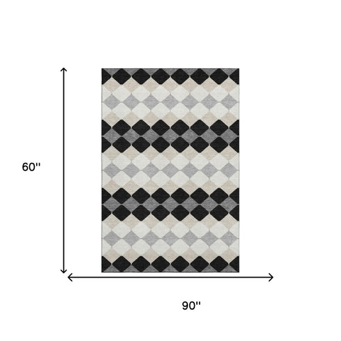 5' X 8' Black Gray And Ivory Geometric Washable Area Rug With UV Protection