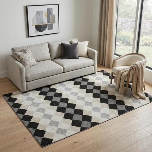 5' X 8' Black Gray And Ivory Geometric Washable Area Rug With UV Protection
