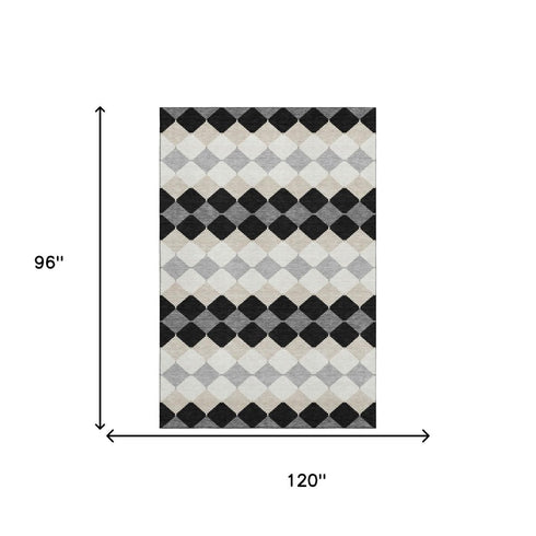 8' X 10' Black Gray And Ivory Geometric Washable Area Rug With UV Protection